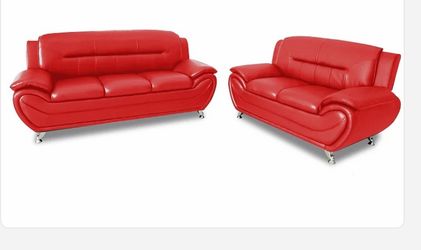 2Pcs Red Sofa And Loveseat with stainless steel legs. Faux leather