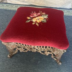 Antique Cast Iron Foot Stool with Needlepoint Floral Design  1960s