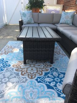 L shape outdoor resin wicker couch and table