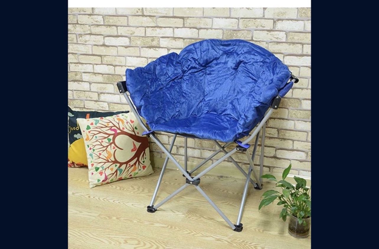 Folding Saucer Moon Chair Short Plush Faux Fur Padded Club Seat (Blue)