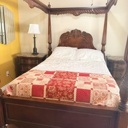 Pulaski Queen Poster Bed + 2 Marble-Top Nightstands – Solid Wood