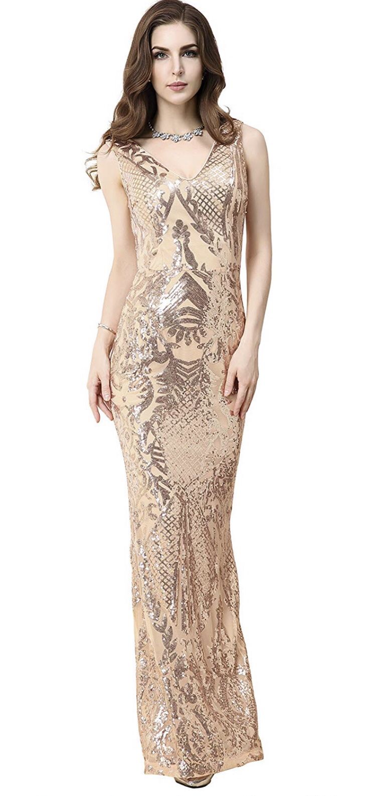 V-Neck Sequin Elegant Formal Evening Dresses for Wedding Party XL size