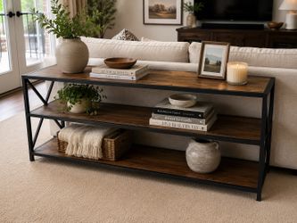 Industrial 3-Tier Console Table – Wood & Black Metal