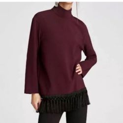 Zara Burgundy High Mock Neck Tassel Fringe Hem Tunic Top Size Small New without tag