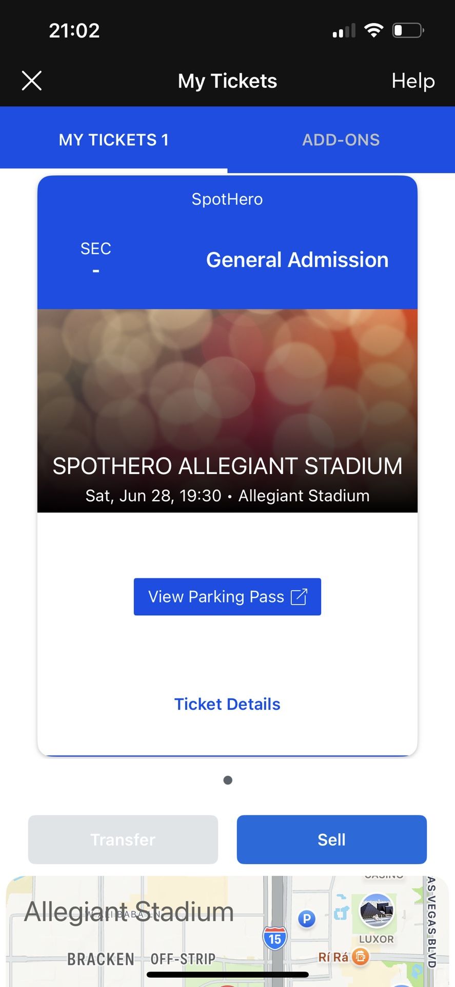 Parking Pass For Shakira Concert