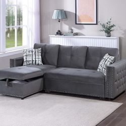 Brand New Gray Velvet Sectional Sofa Storage Sleeper