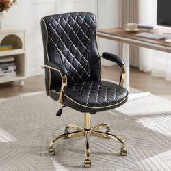Black and Gold Office Desk Chair,Conference Room Chairs,Mid Back Vintage Executive Leather Chair,Ergonomic Computer Swivel Chair with Rocking Function