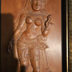 Intricately carved Indian  Hindu Goddess wooden panel 1963.