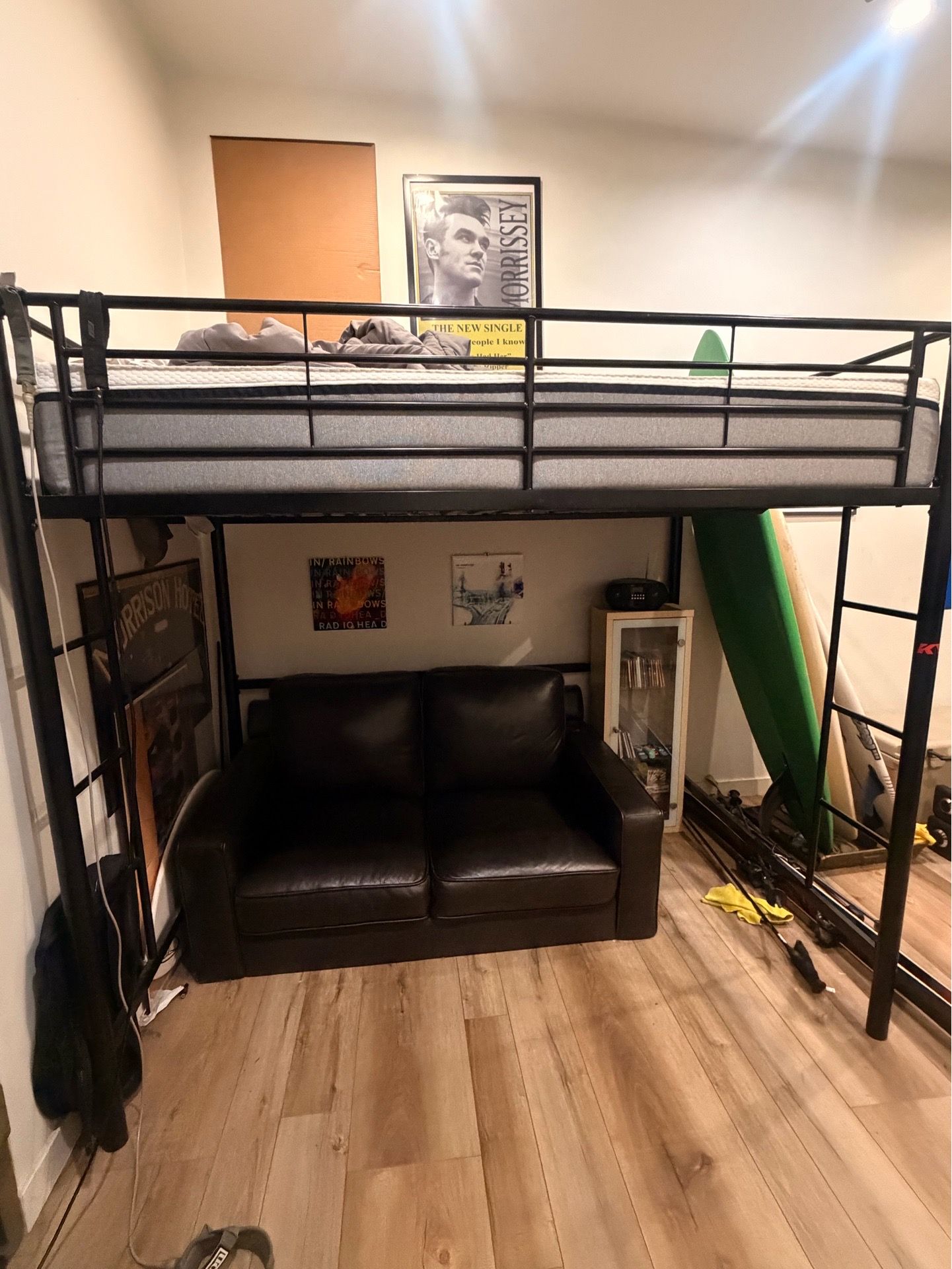 Bed frame and leather sofa