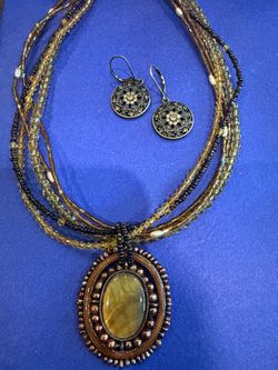 Multiple Beaded necklace with stone pendant, and matching earrings
