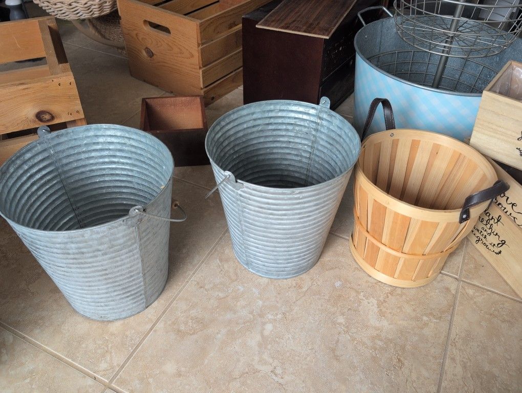 2 Metal Baskets With Handles, Wooden Woven Basket
