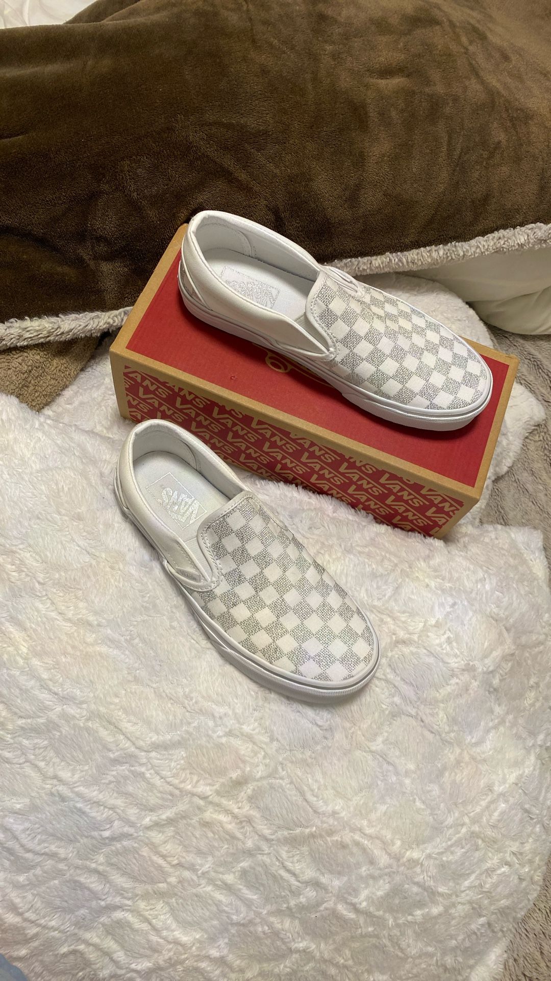 Metallic True White Checkered Vans Women’s Size 8
