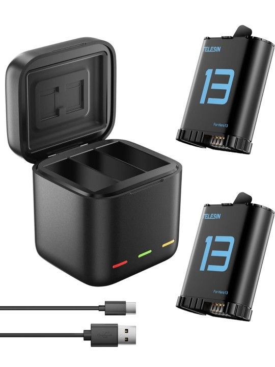 TELESIN Battery Charger Kit for GoPro Hero 13 Black â 2-Pack Batteries & Triple Charging Case with Type-C Cord, Fast Charging, High Capacity for Go Pr