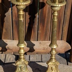 Antique 19th C French Baroque Brass Altar Candlesticks Gothic Revival Pair 15.5