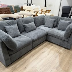 96”Modular Sectional L Shaped Corner Sofa, Corduroy 4-Seater Couches with Thick Cushion for Living Room, Grey