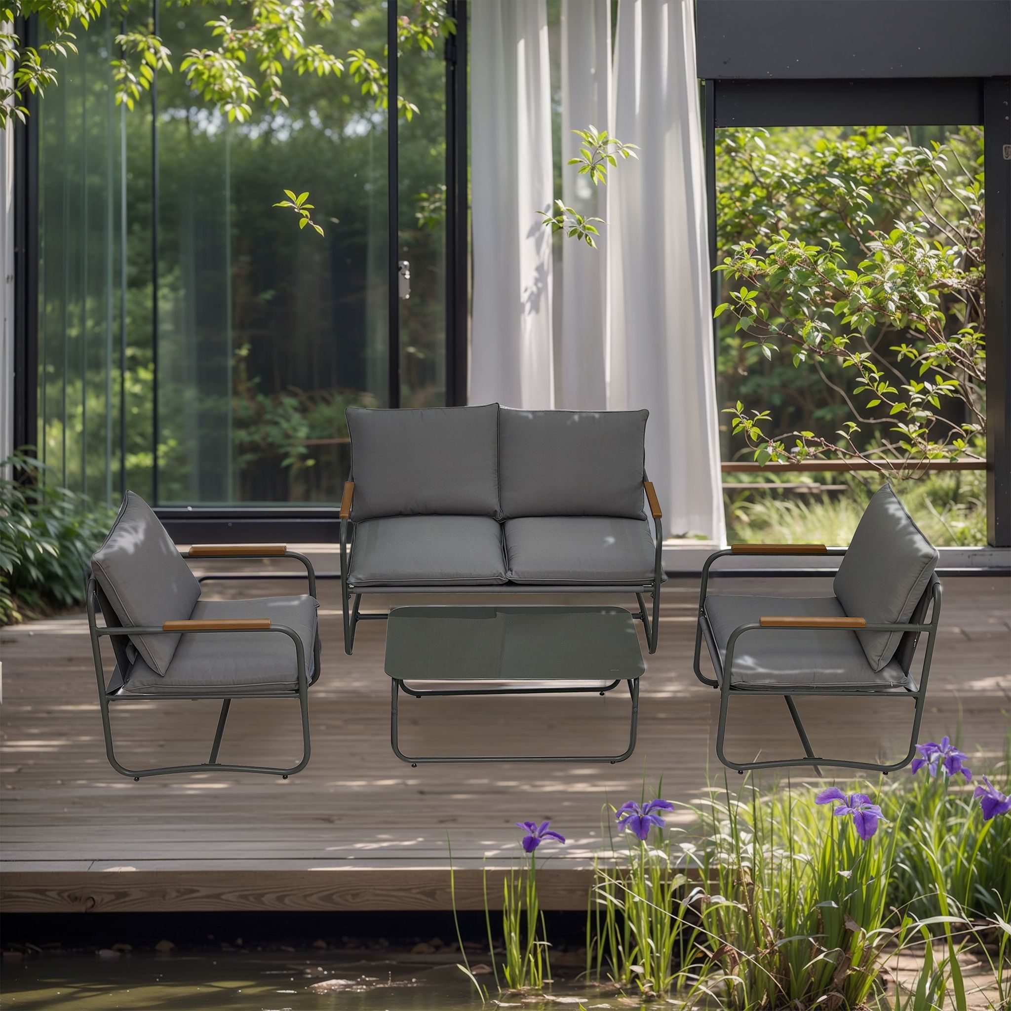 4-Piece Outdoor Patio Furniture Sets, Patio Conversation Set with Removable Seating Cushion, Courtyard Patio Set for Home, Yard, Poolside (Dark Grey) 