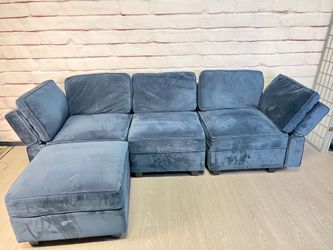 Blue Velvet Modular Sofa W/ Storage & Ottoman