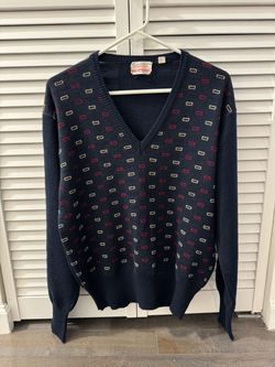 Vintage Saks Fifth Avenue Men’s Navy Geometric V-Neck Pullover Sweater Size M