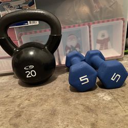 20 LB Solid Cast Iron Kettlebell & Two 5LB Dumbbells