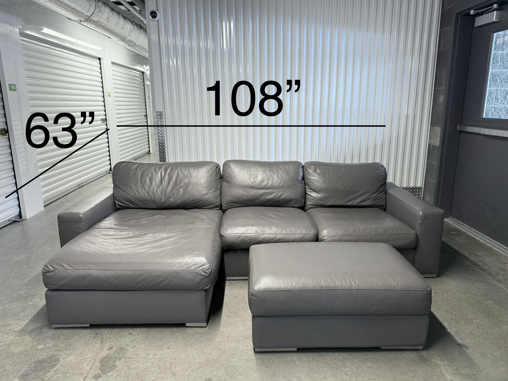 American Leather Gray Italian Leather Sectional Sofa with Ottoman - Delivery Available