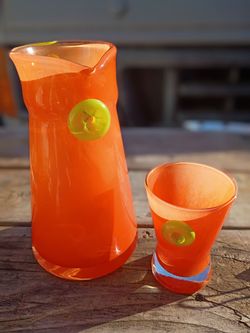 MCM Bohemian Orange Hand Blown Glass Pitcher & Tumbler Set Chartreuse Prunts