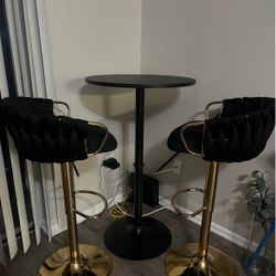 2 black Velvet adjustable bar stools chairs and table brand new