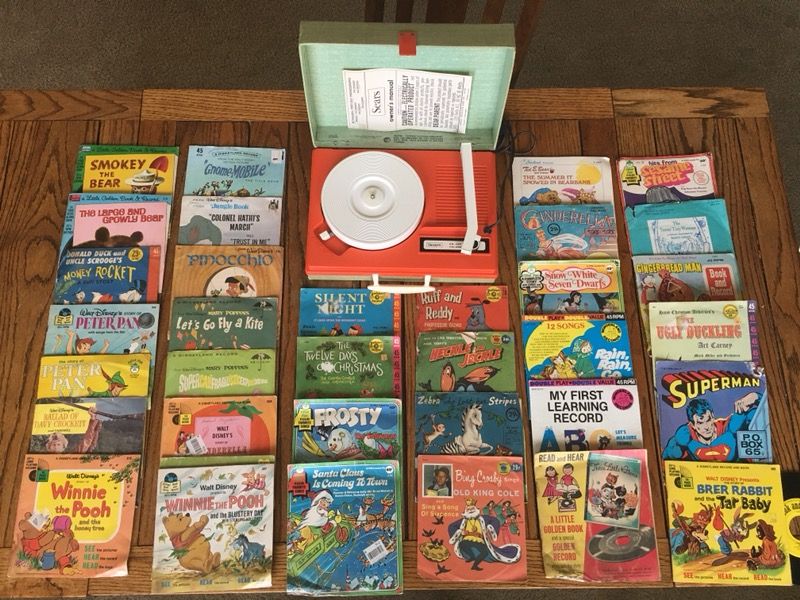 Vintage 45 Sears Portable Record Player with 35 children’s records