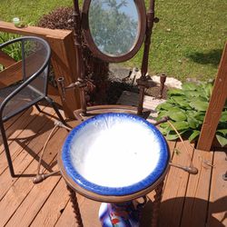 Antique 1890 Iron Stone wash basin and pitcher and Oak Stand with mirror