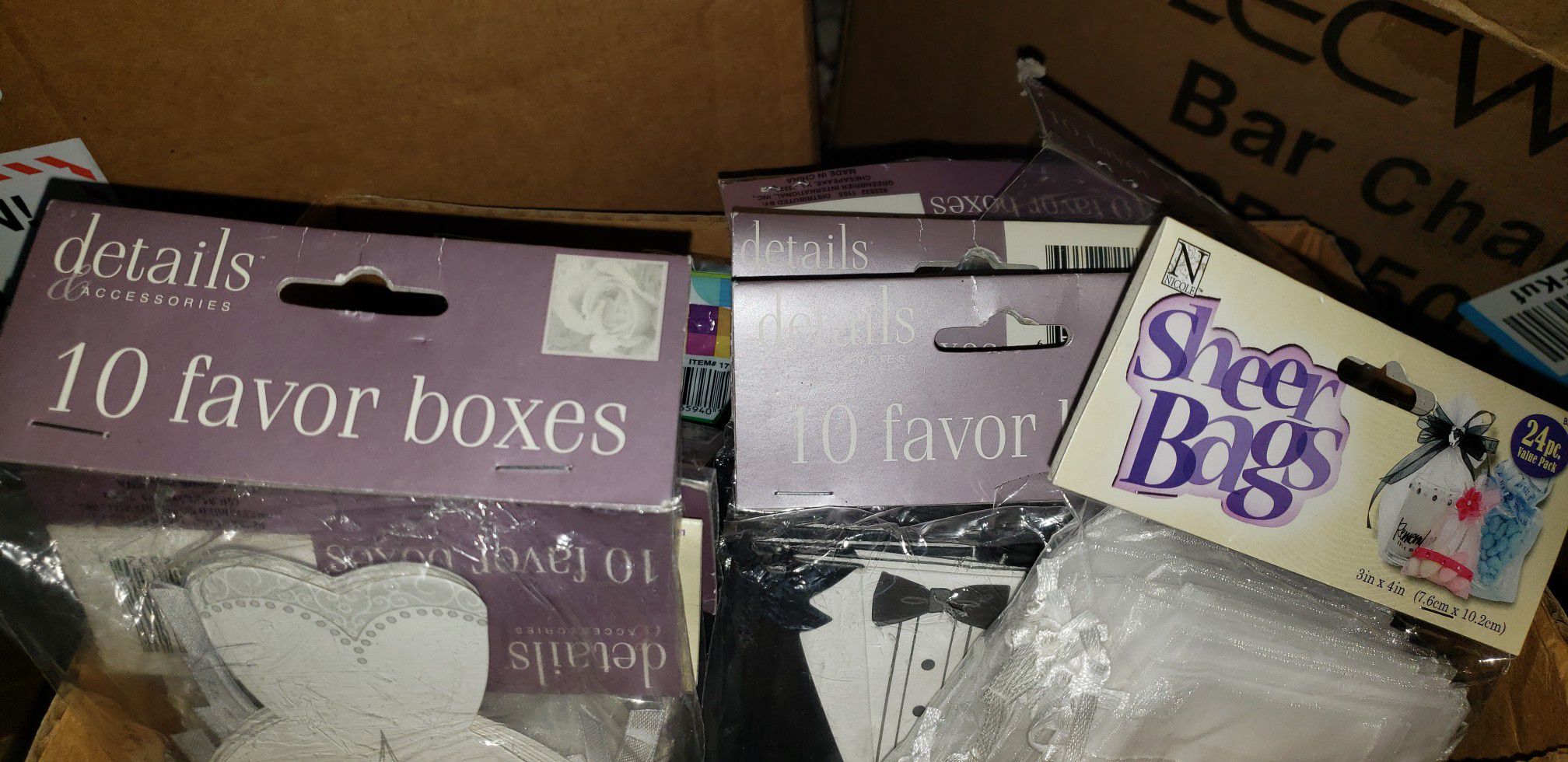 Box of wedding favor boxes and sheer bags all new