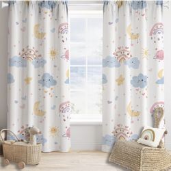 Kids Rainbow Blackout Curtains Boho Cute Cartoon Watercolor Stars Clouds Moon Su