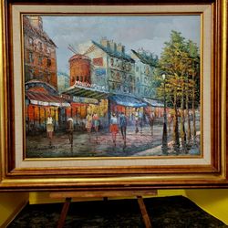 Framed Oil Painting by HENRI ROGERS Paris Street Scene 27"×23"