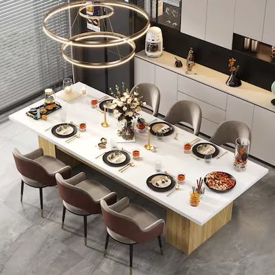 Wooden Grain Oak and White Color Wood 126 in. Width Rectangle Double Pedestal Double-based Dining Table for 10