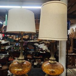 MCM Murano Hollywood Regency Amber Optic & Brass Lamps