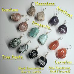 Any 3 Wire Wrapped Natural Gemstone Pendants With Necklace Cord Included
