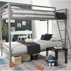 NEW Silver Twin over Twin Metal Bunk Bed Frame , With Angled Ladder, High Guardrail & Metal Slats