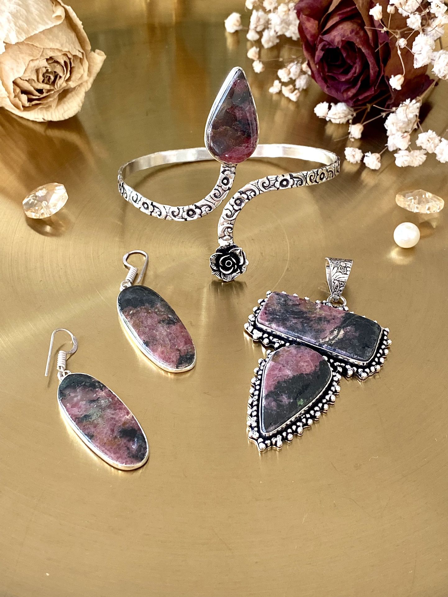 Rhodonite 925 Sterling Silver Overlay Handcrafted Earring