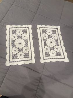 Vintage Pair of Floral Embroidered Lace Table Mats