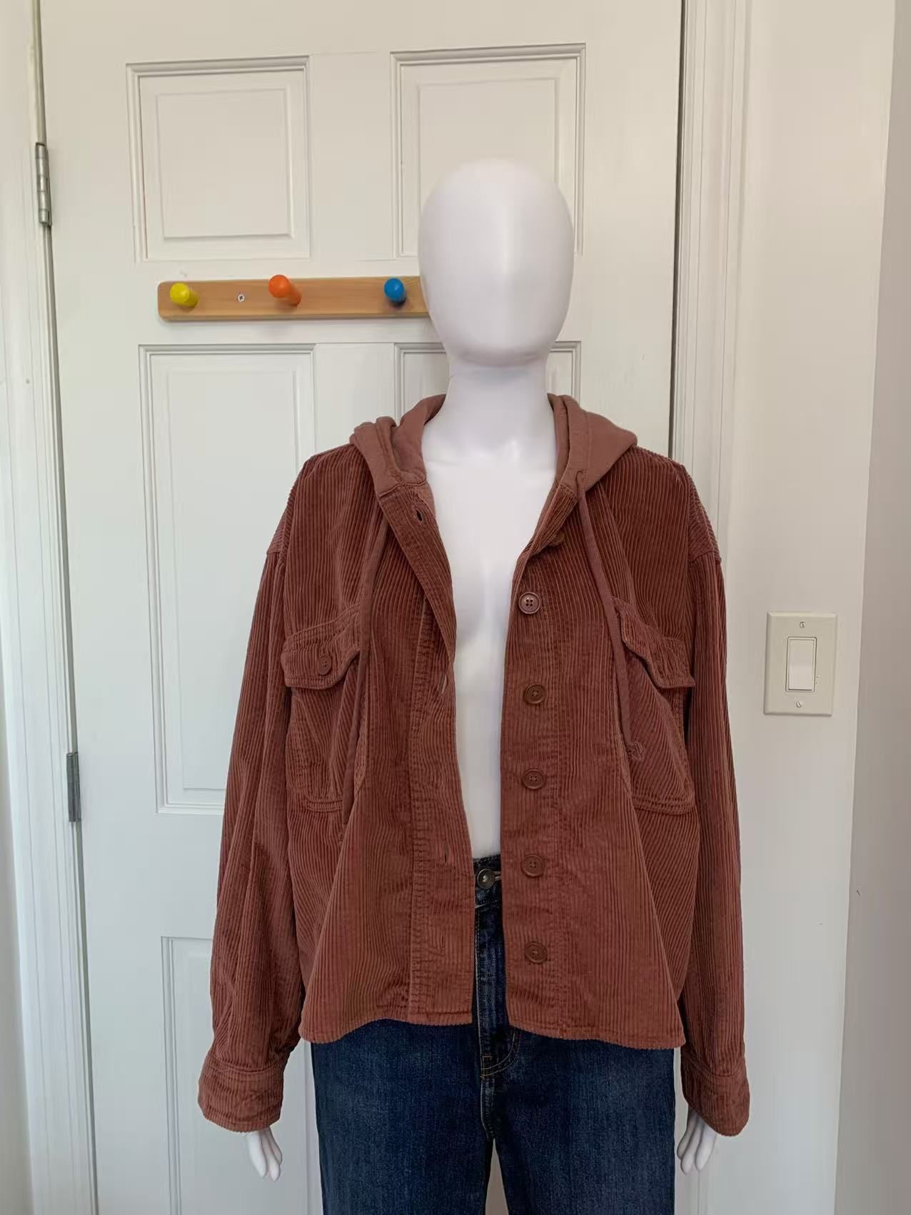 America Eagle Women Brown Cropped Corduroy Hooded Shirt Jacket