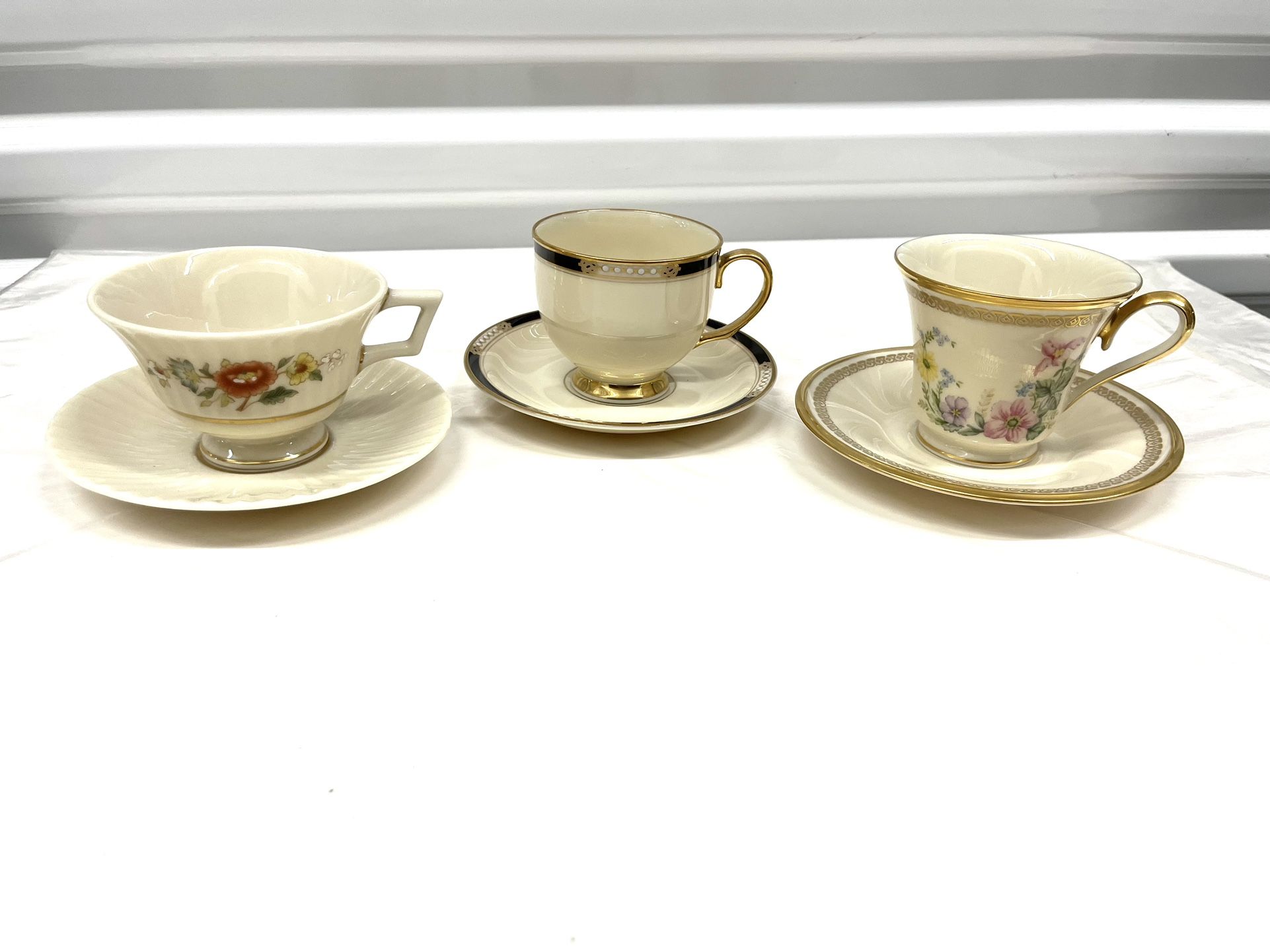 3 Lenox Cup & Saucer Sets (Temple Blossom, Flower Song, Hancock-Presidential Collection)