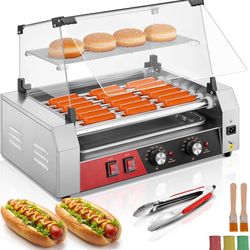 Hot Dog Roller 7 Rollers 18-24 Hot Dogs Capacity, 1050W Stainless Steel Hot Dog Machine with Bun Warmer Shelf, Dual Temp Control, Glass Cover, Removab