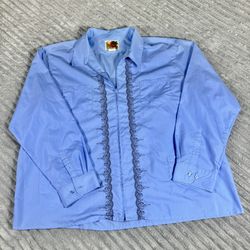 Haband Guayabera Shirt Mens 3xL Blue Full-Zip Embroidered Fern Cuban long sleeve button up 