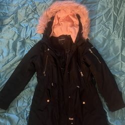 Kids Bebe Black Parka With Faux Pink Fur Hood