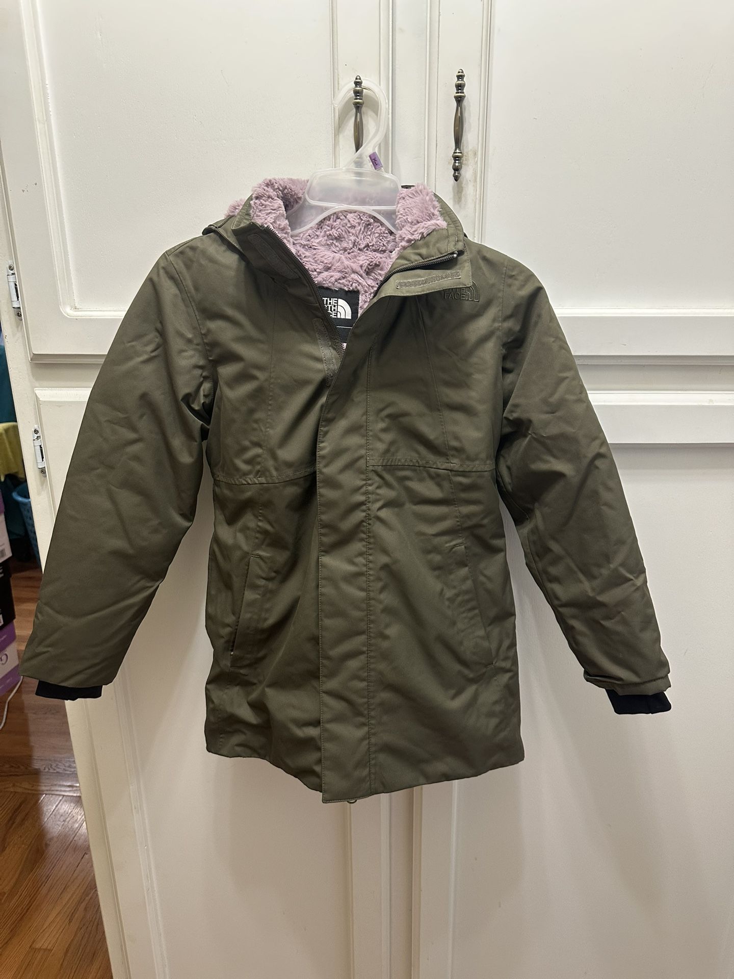 North Face Girls Olive Green , Purple Fuzzy Winter Jacket