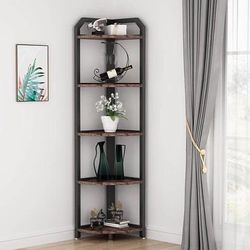 Brown Corner Shelf 5 Tiers Bookshelf Indoor Plant Stand