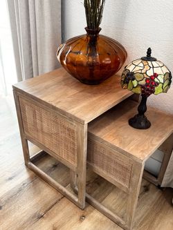 Wood and Cane Nesting Side Tables Set of 2