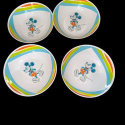 Vintage Trudeau 4 pc set Plastic Child's Mickey Mouse Bowl. Mickey Mouse jumping rope; Made in U.S.A.; Walt Disney Productions. 6.5”across x 1 3/8" ta