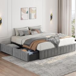 Yaheetech King Bed Frame Upholstered Platform Bed with 4 Storage Drawers, Large Storage Space/Strong Wooden Slats/Non-Slip and Noise-Free/No Fixed Hea