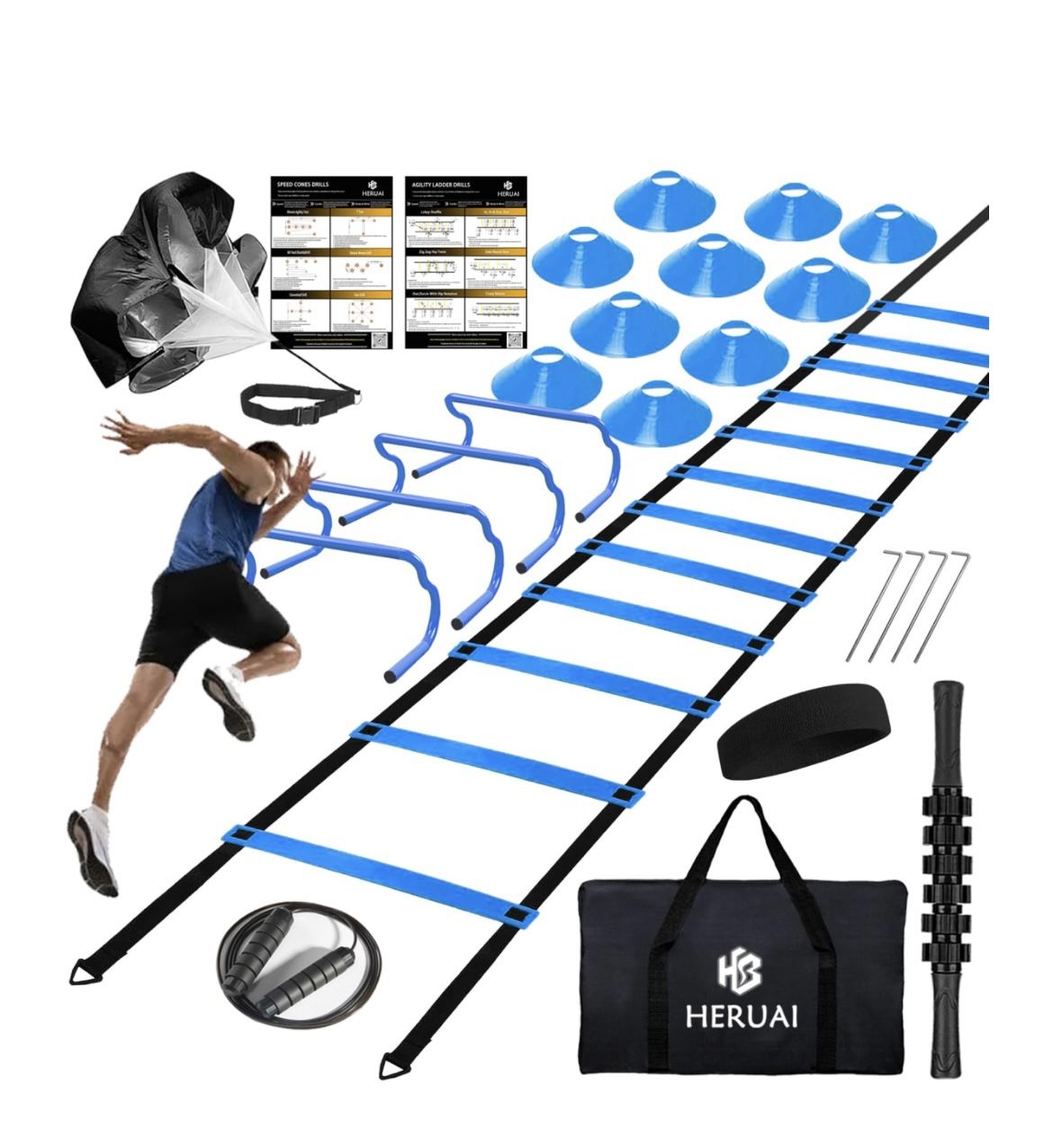 Agility Ladder Speed Training Equipment Set, 20ft Speed Ladder, 4 Hurdles, 10 Speed Cones, Running Parachute, Football Basketbal🆕👍Reg. Retail $49.99