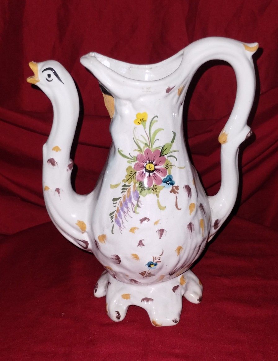 Hand Painted Whimsical Ceramic Pottery Coffee Pot  -  Crackle Glaze - Bird Spout- NO LID. 