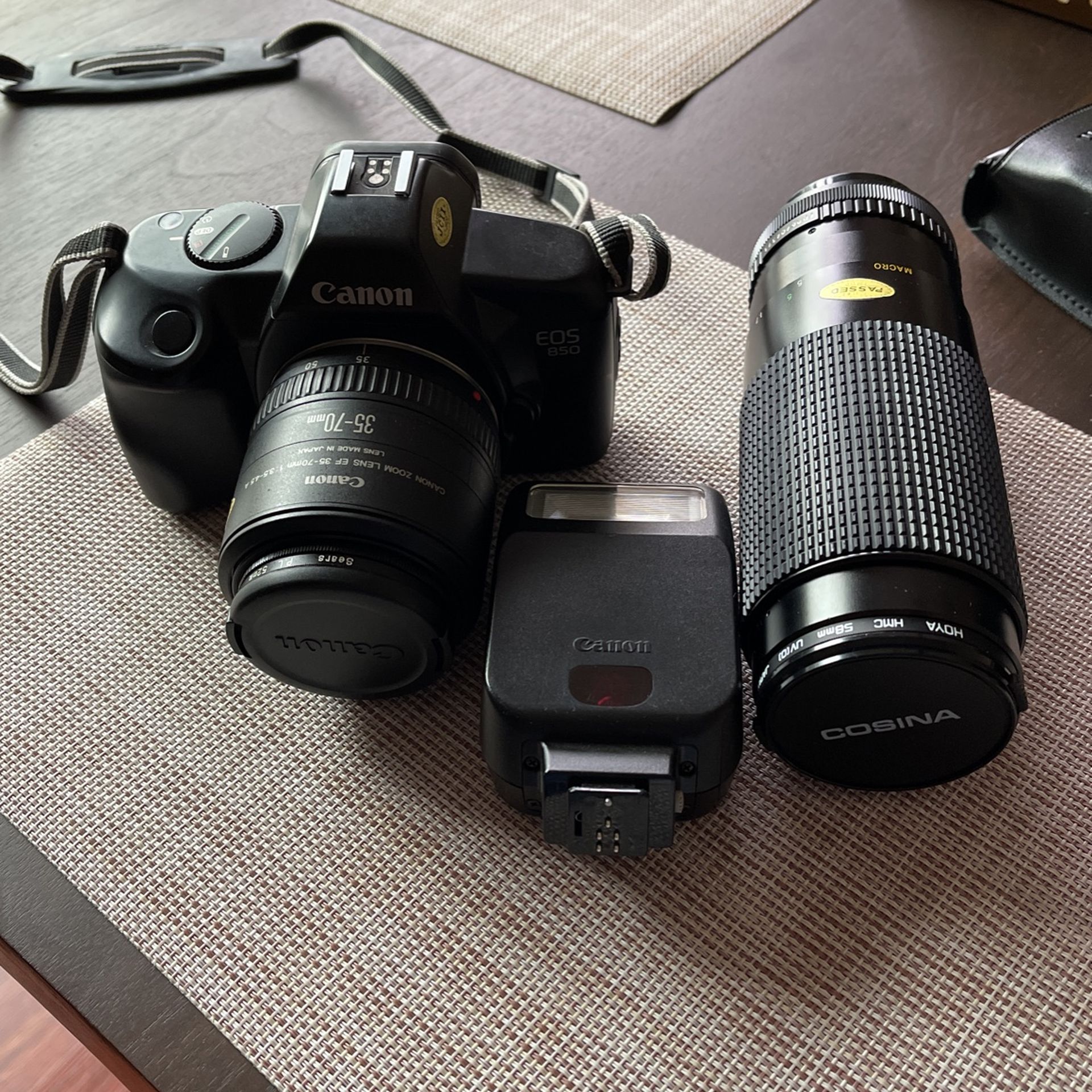 Canon EOS 850  film Camera WITH Canon 35-70MM ZOOM LENS , Flash Speedlite 200E , Cosina 75-300mm Lens